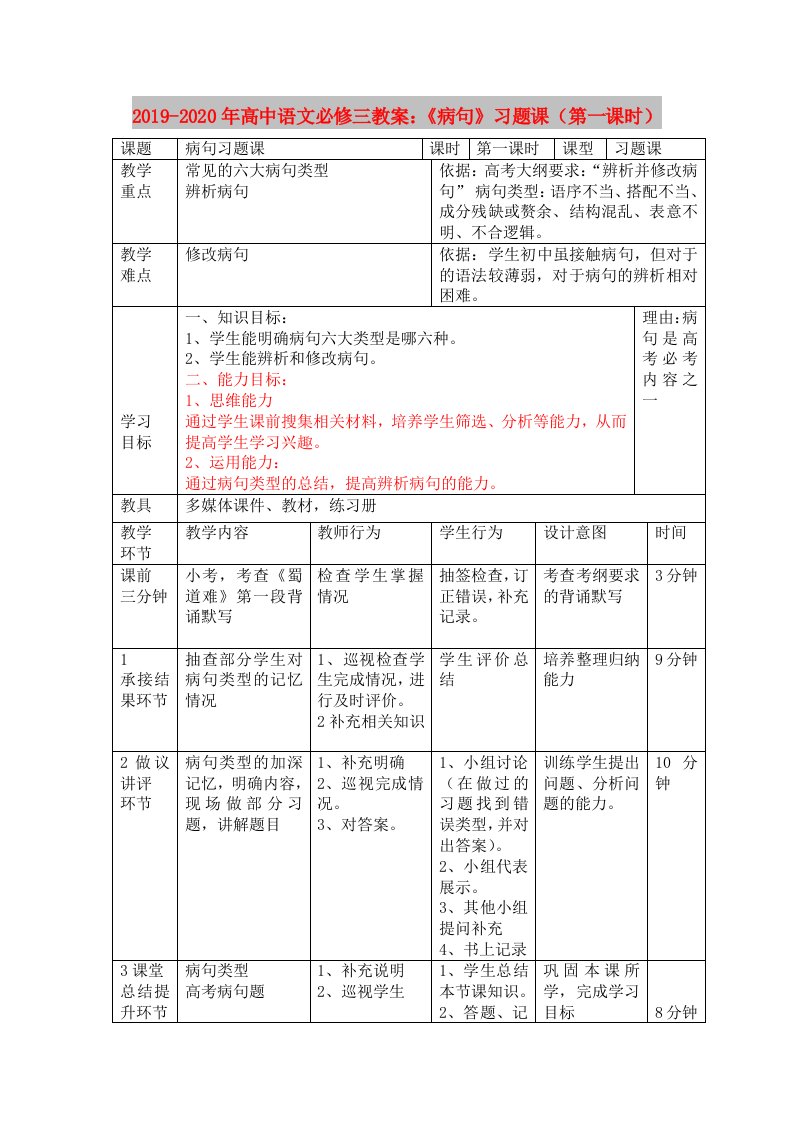 2019-2020年高中语文必修三教案：《病句》习题课（第一课时）