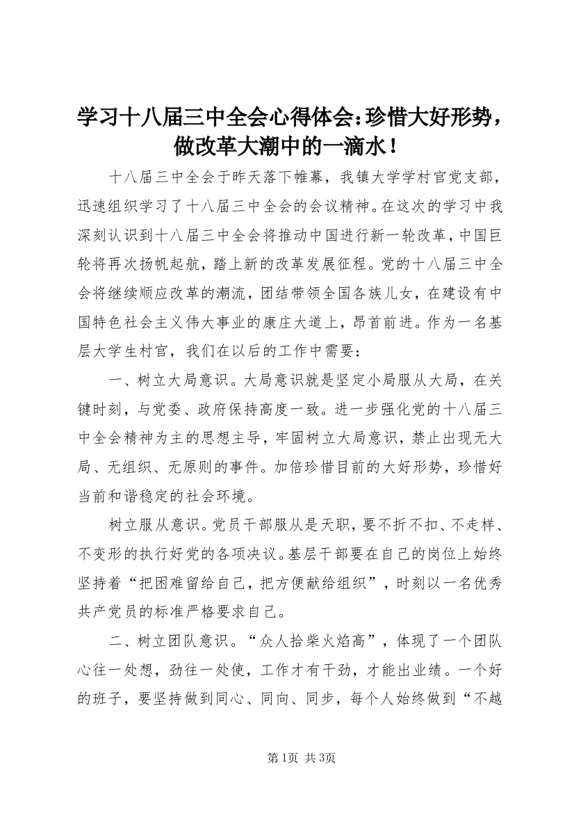 学习十八届三中全会心得体会：珍惜大好形势，做改革大潮中的一滴水！