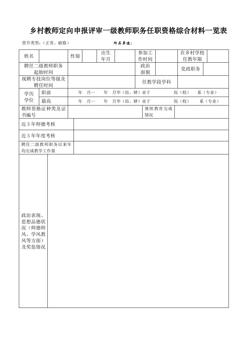 乡村教师定向申报评审一级教师职务任职资格综合材料一览表