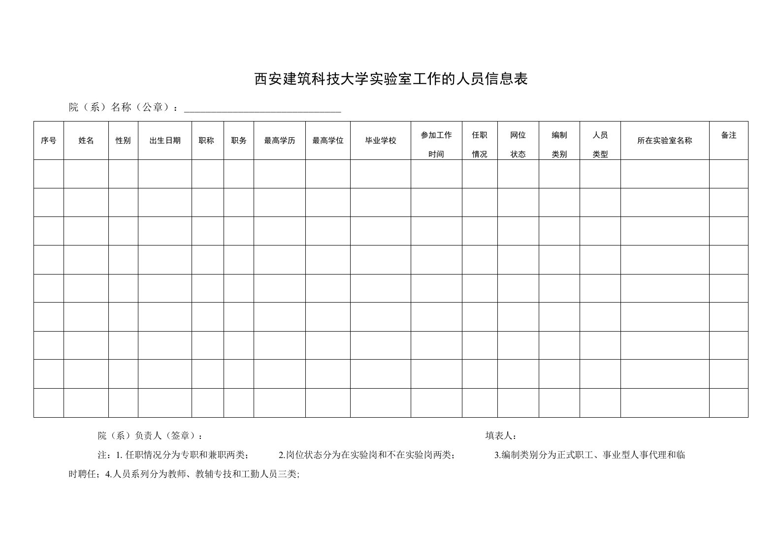 西安建筑科技大学实验室工作的人员信息表