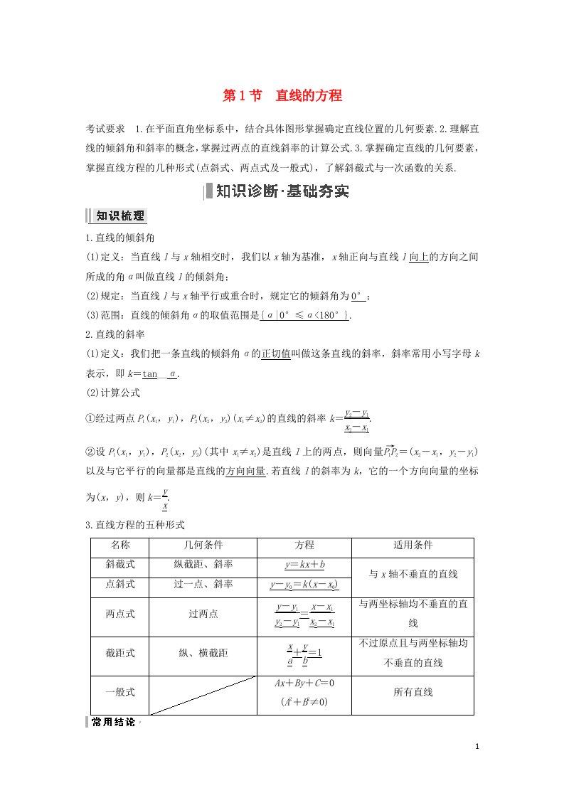 2023年高考数学一轮复习第八章平面解析几何第1节直线的方程教案