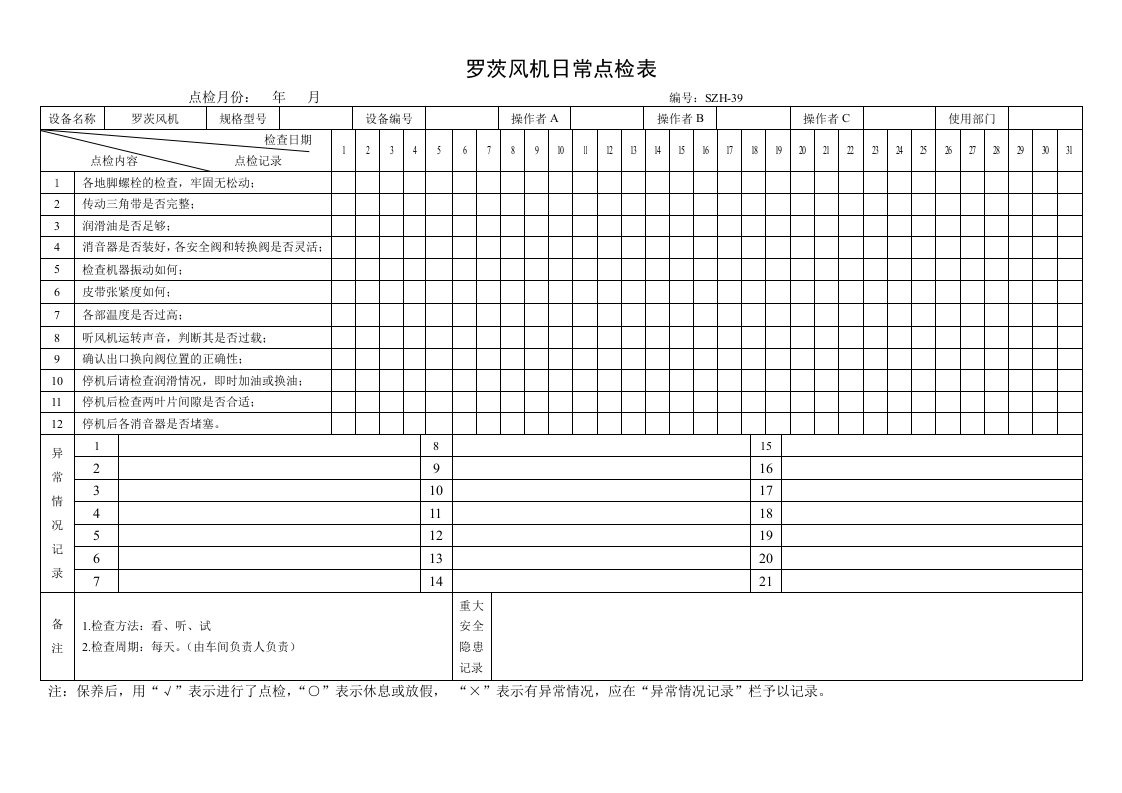 罗茨风机日常点检表