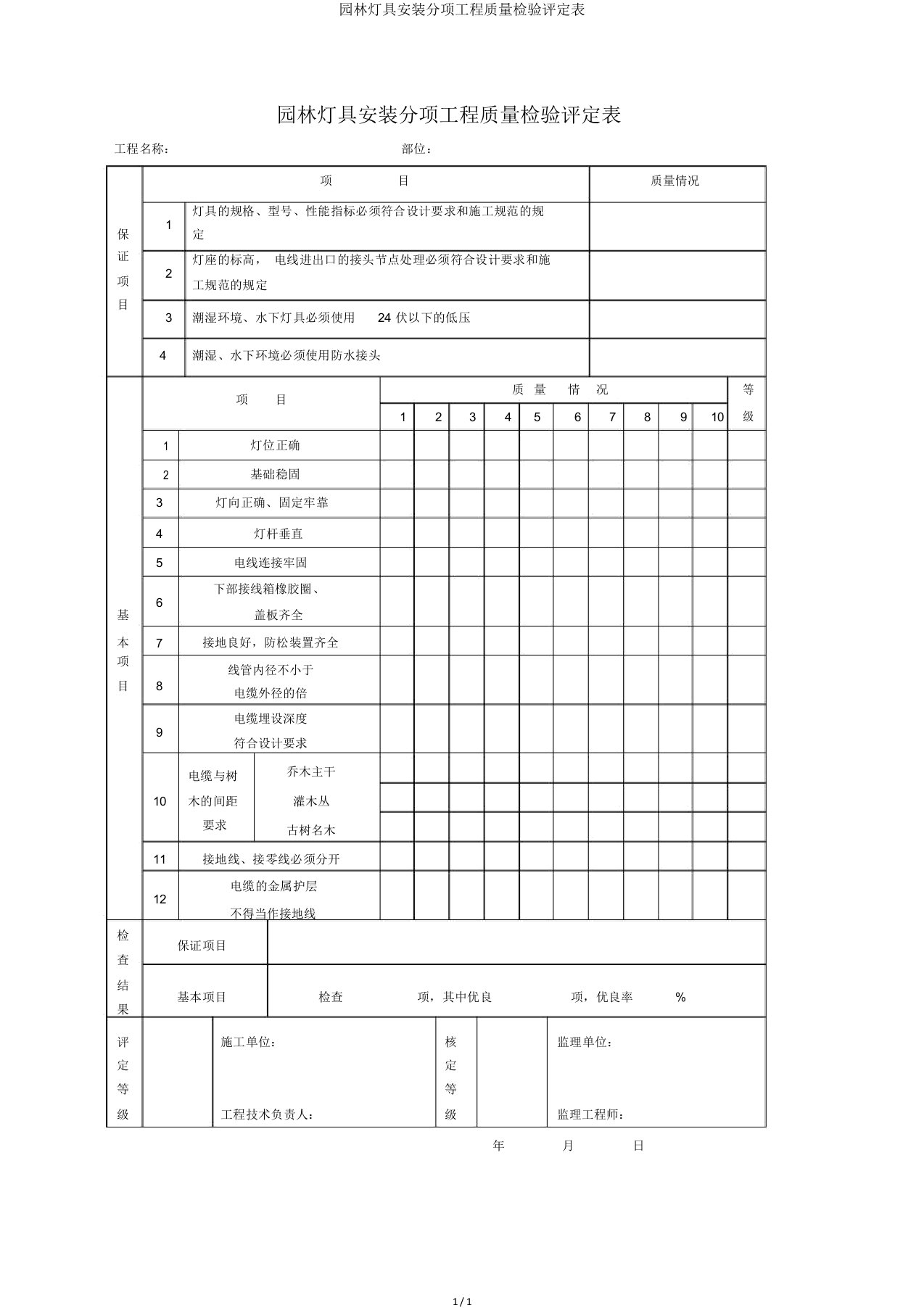 园林灯具安装分项工程质量检验评定表