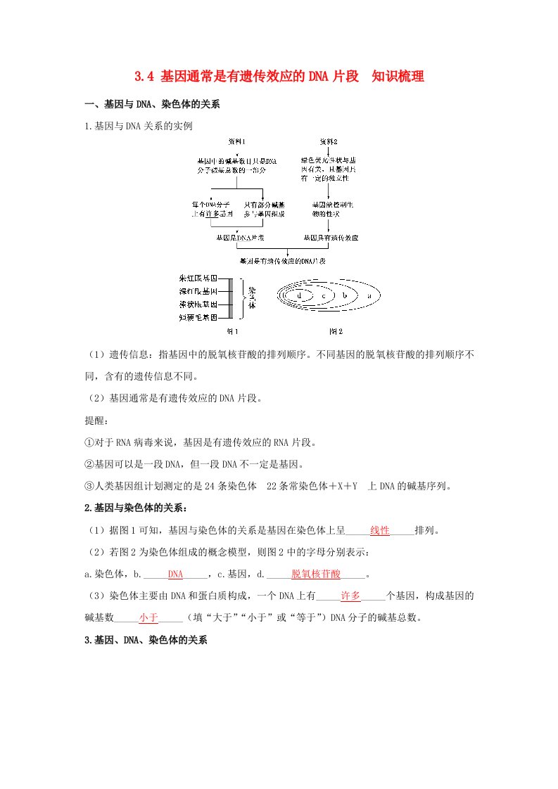 高中生物3.4基因通常是有遗传效应的DNA片段知识梳理新人教版必修2