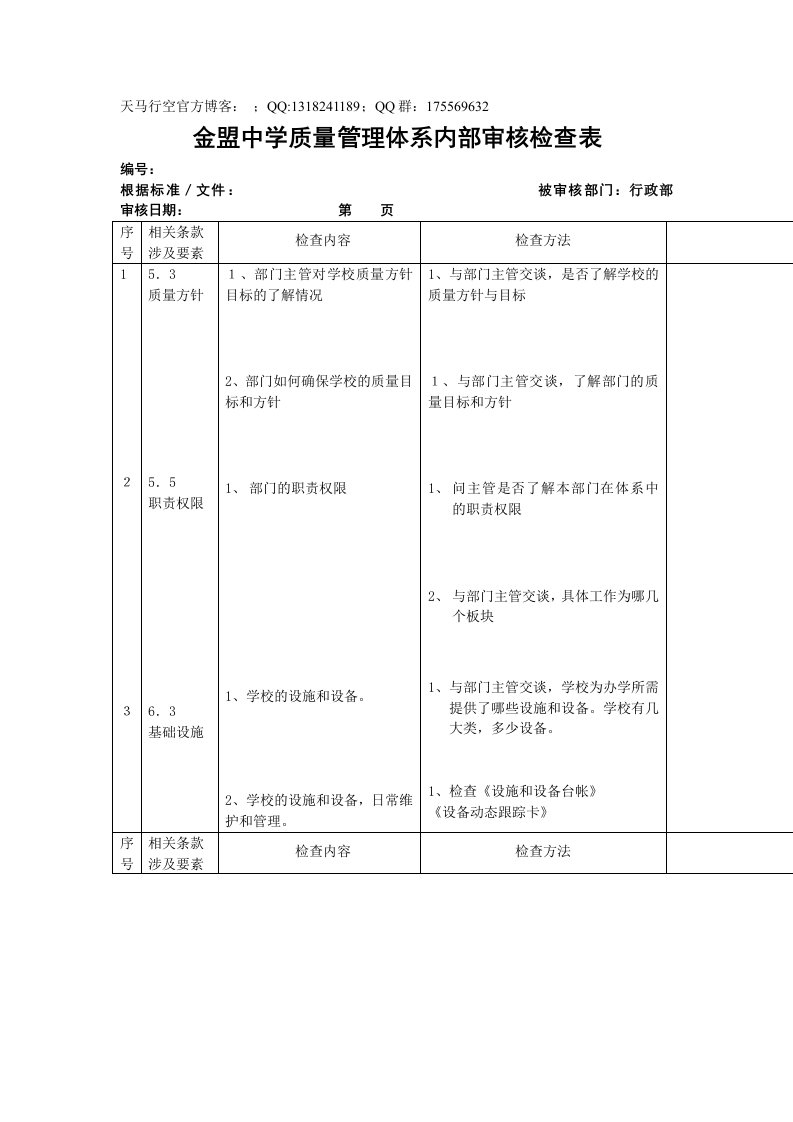 中学质量管理体系内部审核检查表