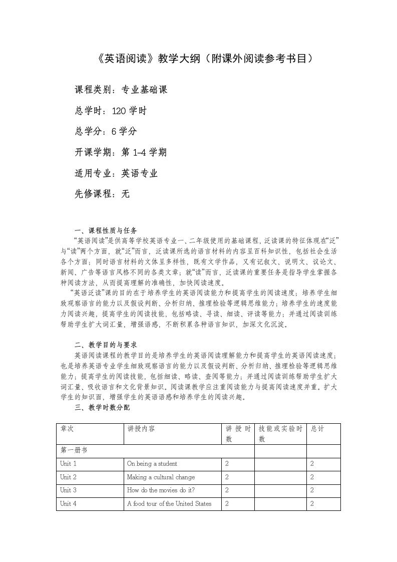 英语阅读教学大纲