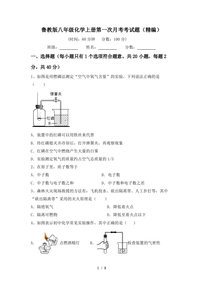 鲁教版八年级化学上册第一次月考考试题精编