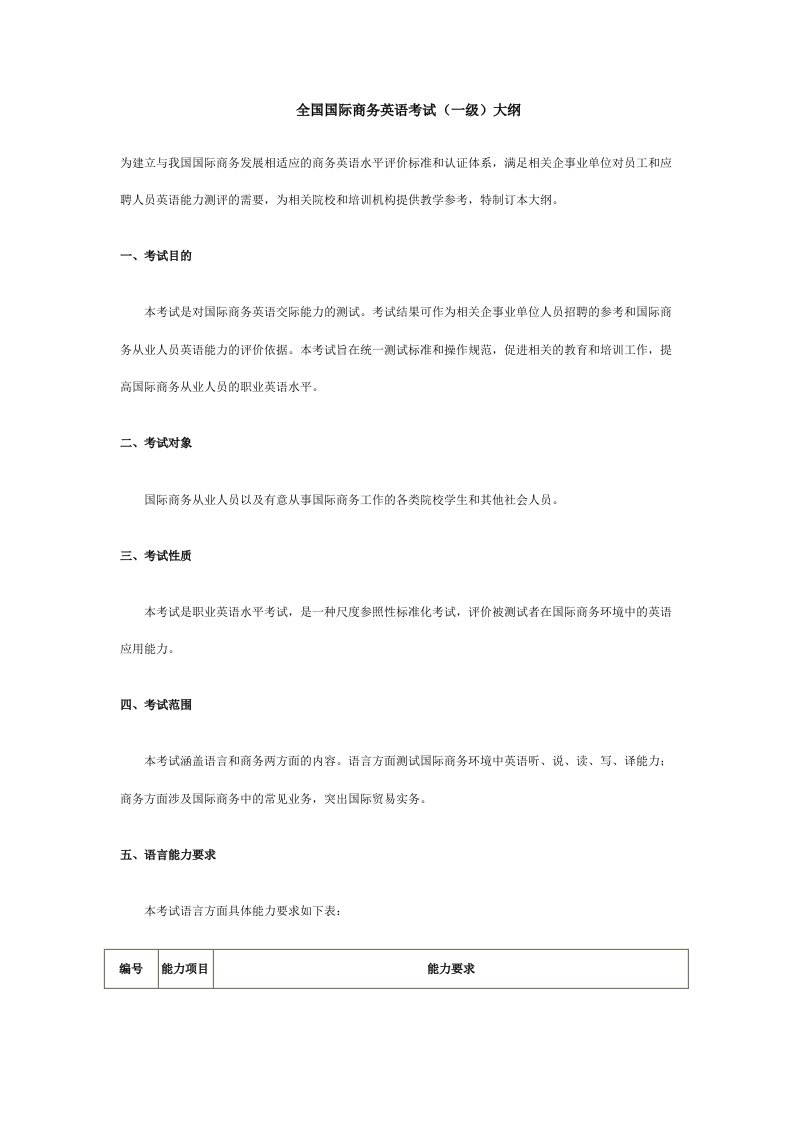 全国国际商务英语考试一级大纲