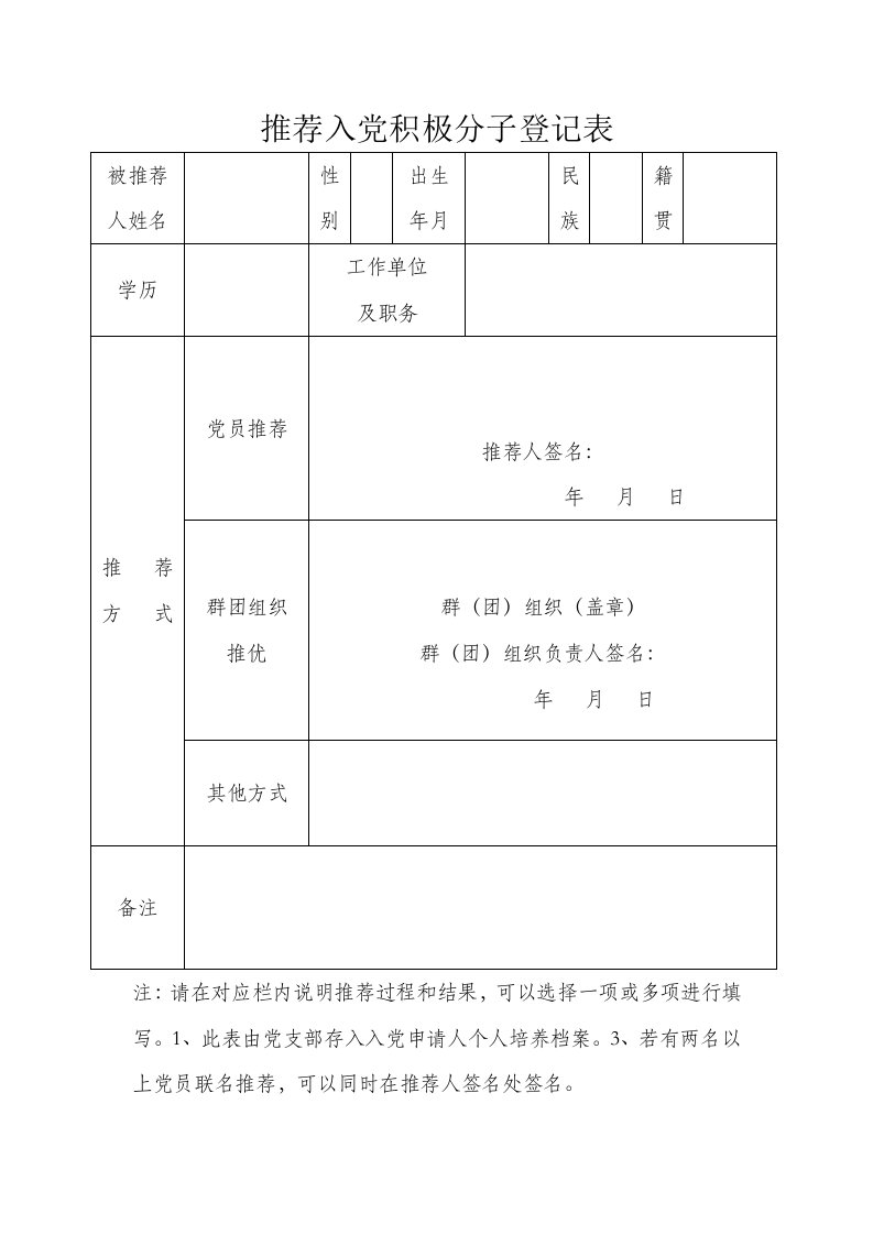 推荐入党积极分子登记表