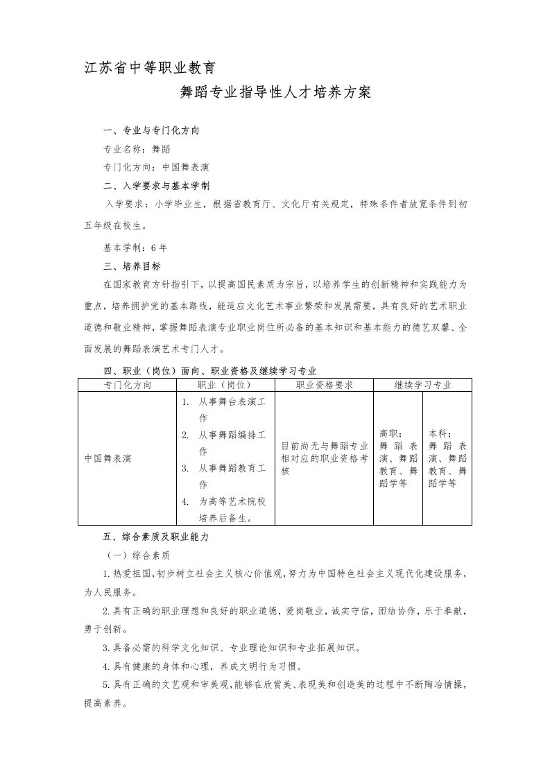 中等职业教育舞蹈专业培养方案