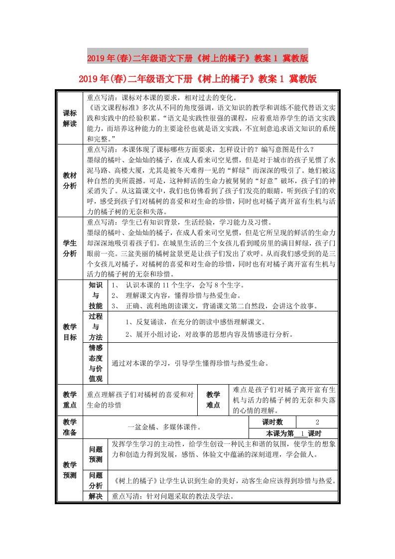 2019年(春)二年级语文下册《树上的橘子》教案1