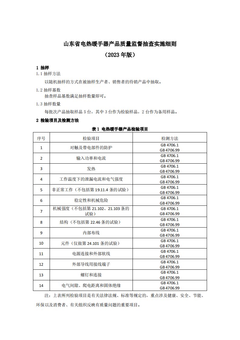 山东省电热暖手器产品质量监督抽查实施细则（2023年）