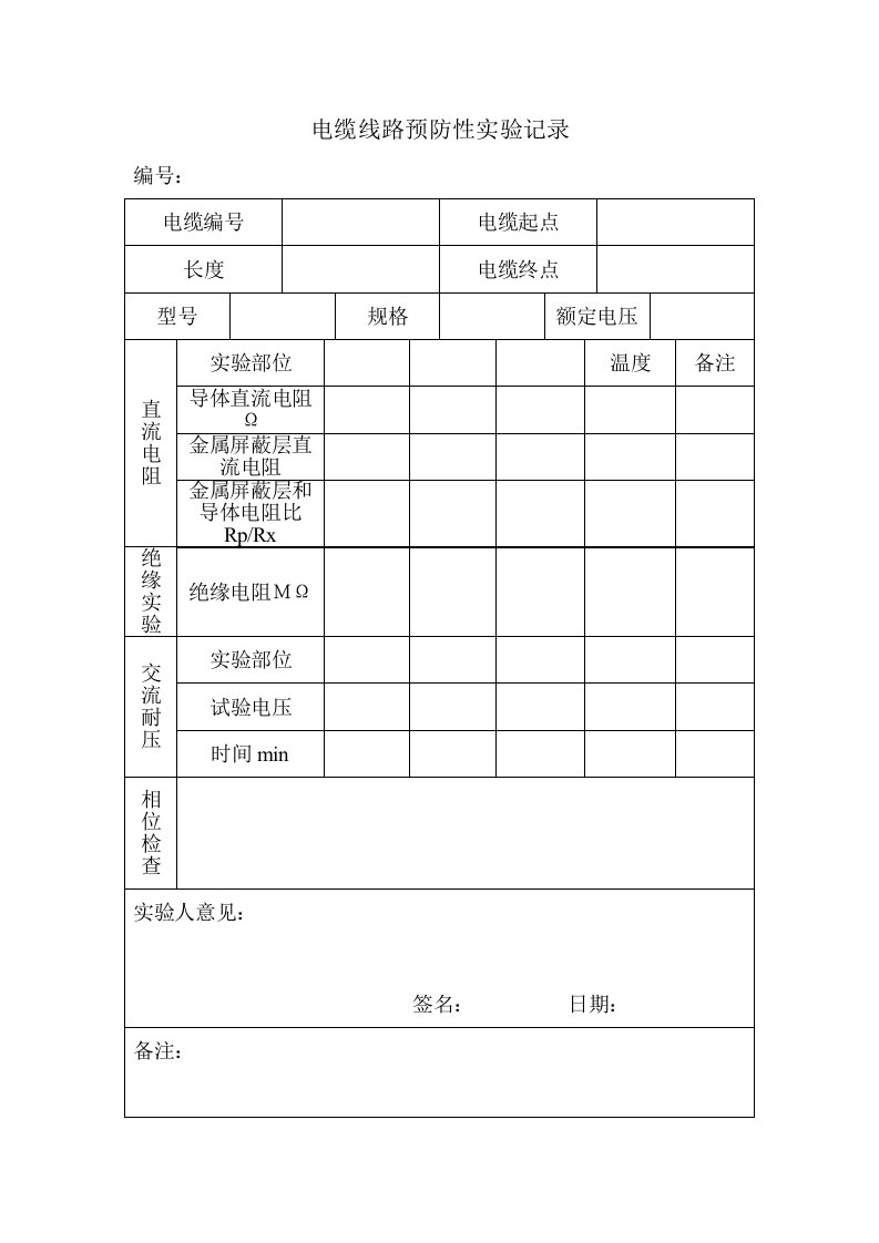 电缆线路预防性实验记录