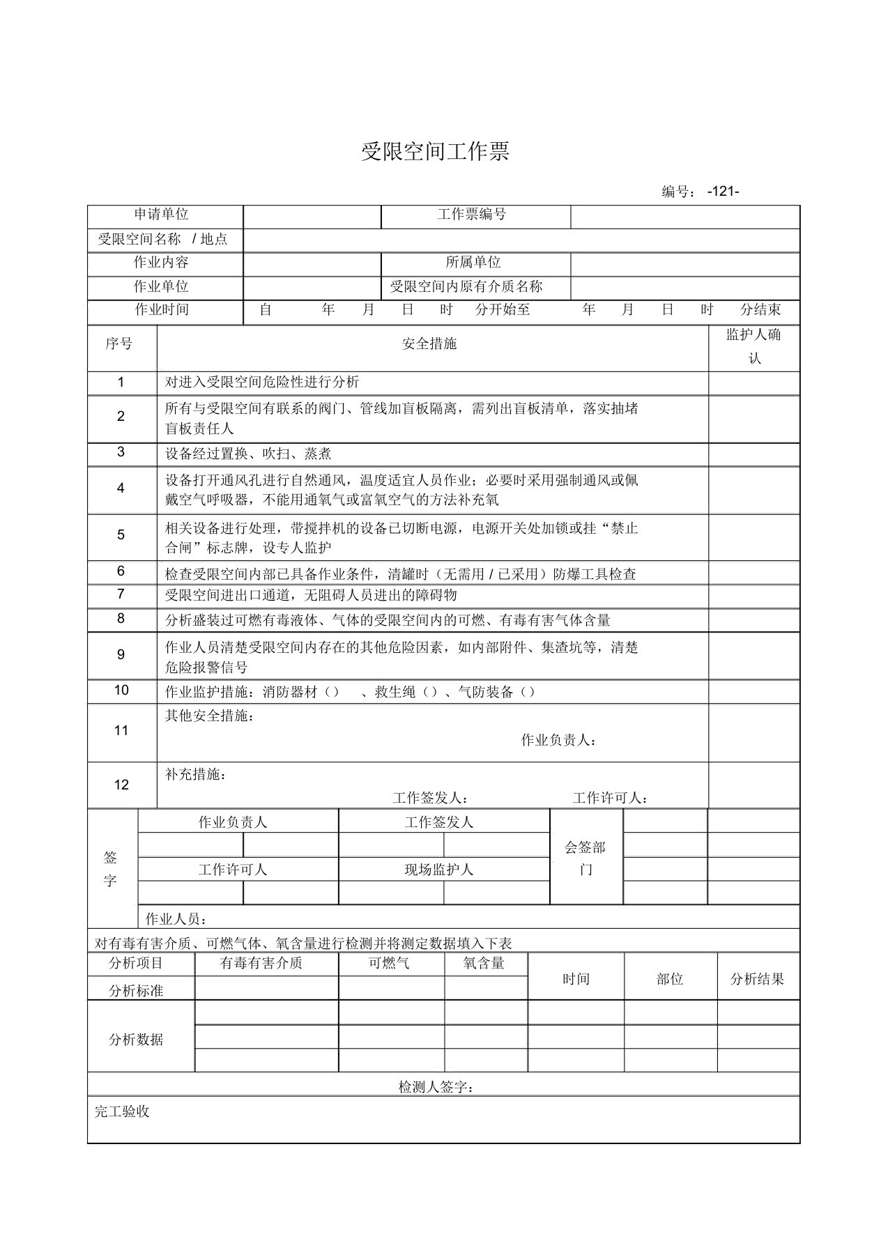 受限空间工作票