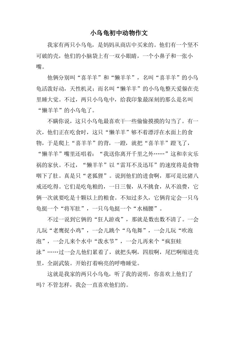 小乌龟初中动物作文