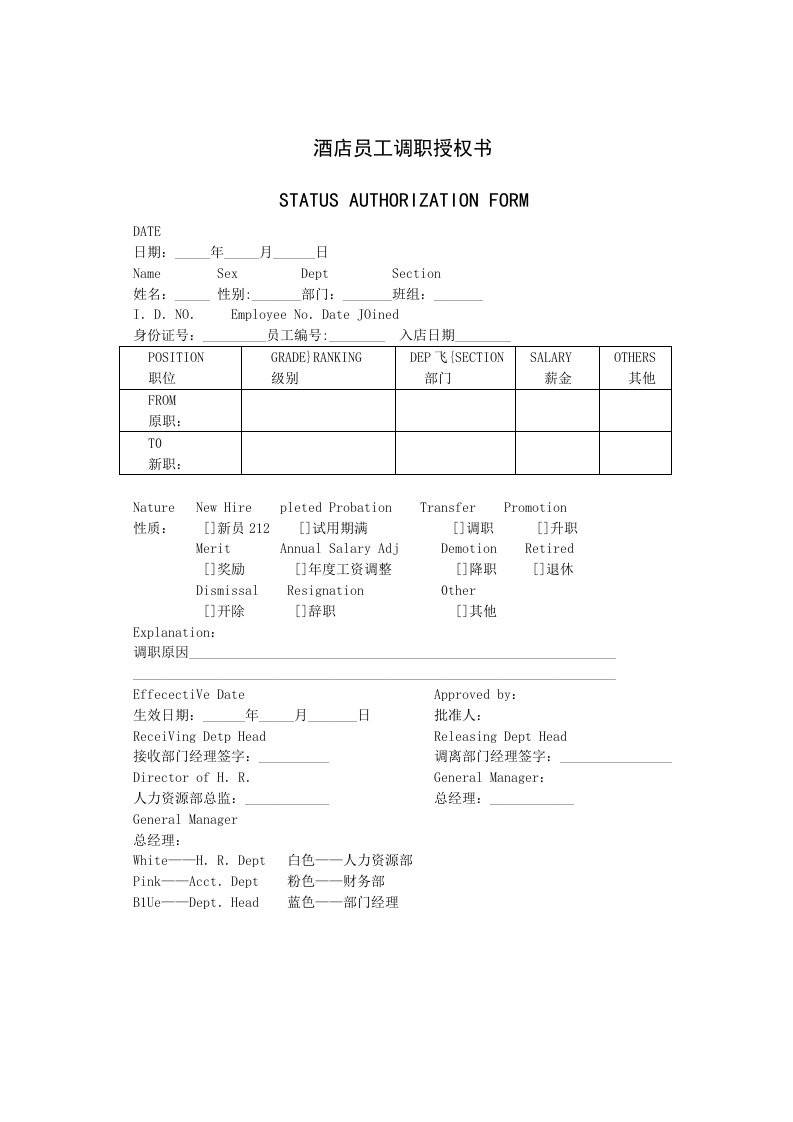 酒类资料-酒店员工调职授权书