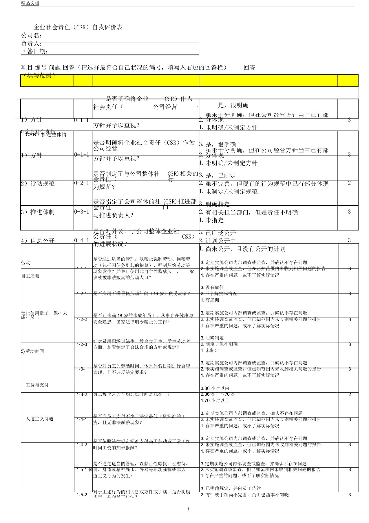 企业社会责任CSR自我评价表格