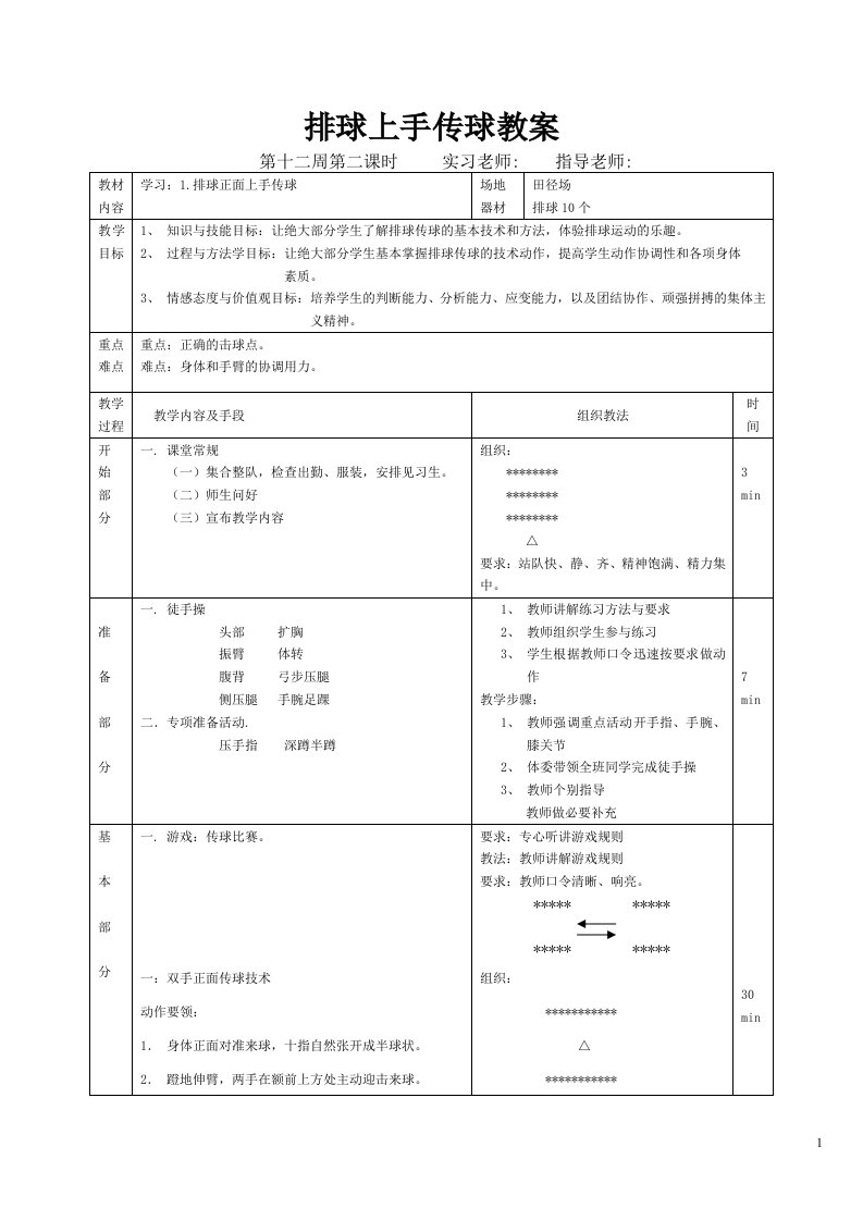 第十二周第二课时排球正面上手传球教案