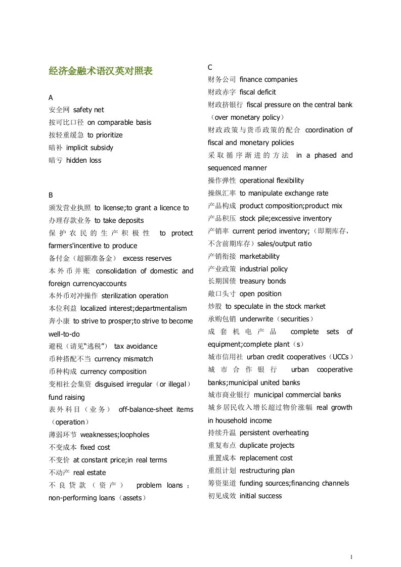 经济金融术语汉英对照表(1)