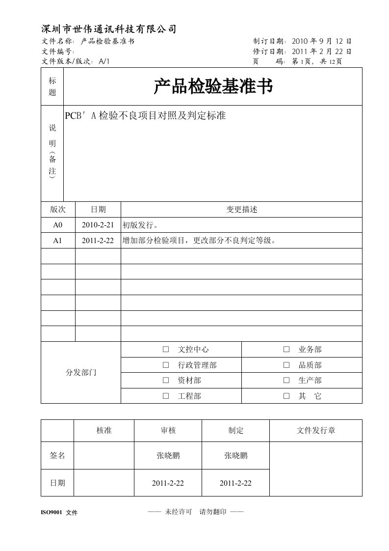 精选产品检验基准书