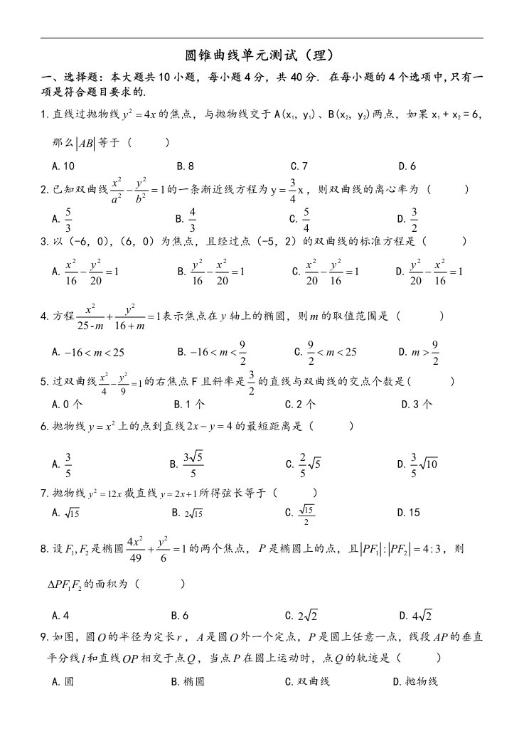 人教A版选修2-1：圆锥曲线单元理科测试题（含答案）