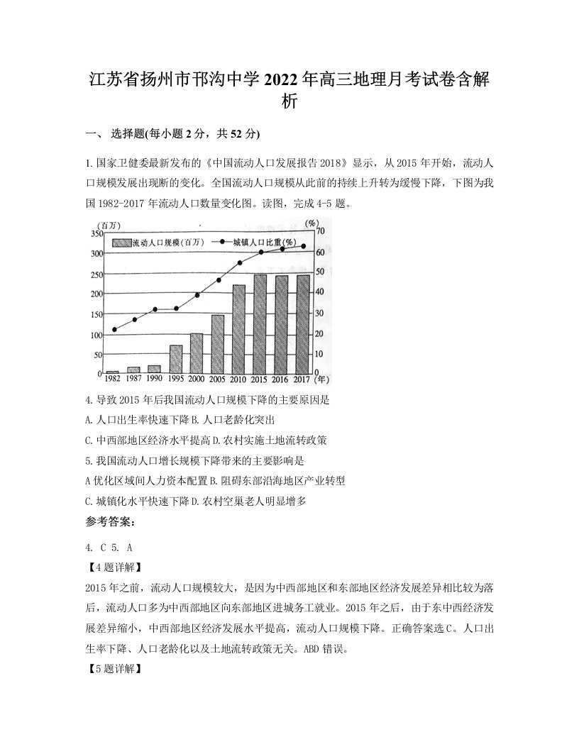 江苏省扬州市邗沟中学2022年高三地理月考试卷含解析