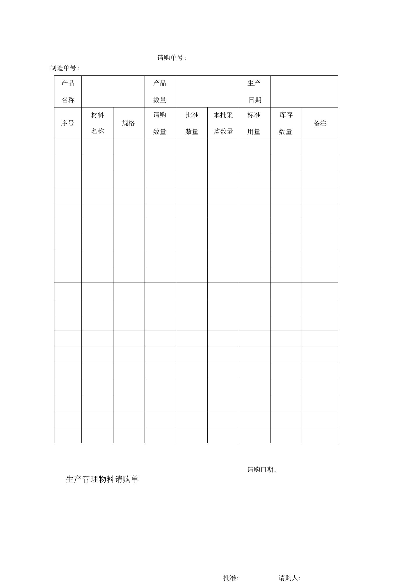 生产管理物料请购单