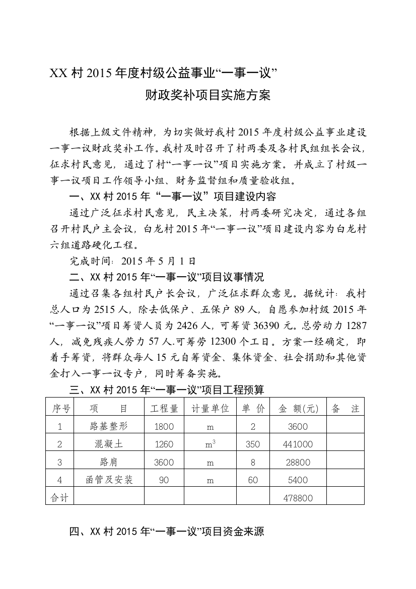 XX村2015年一事一议奖补项目实施方案