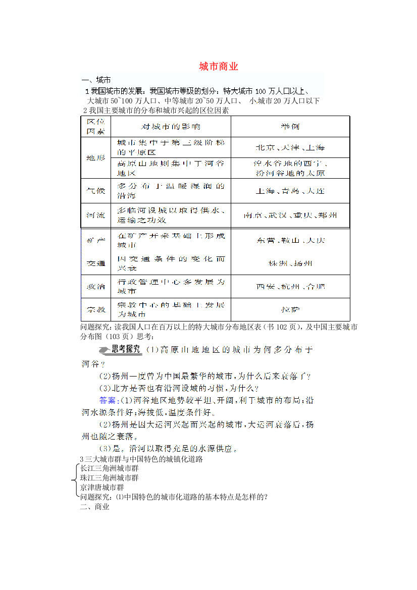 河北省迁安一中高中地理城市商业学案无答案新人教版必修3