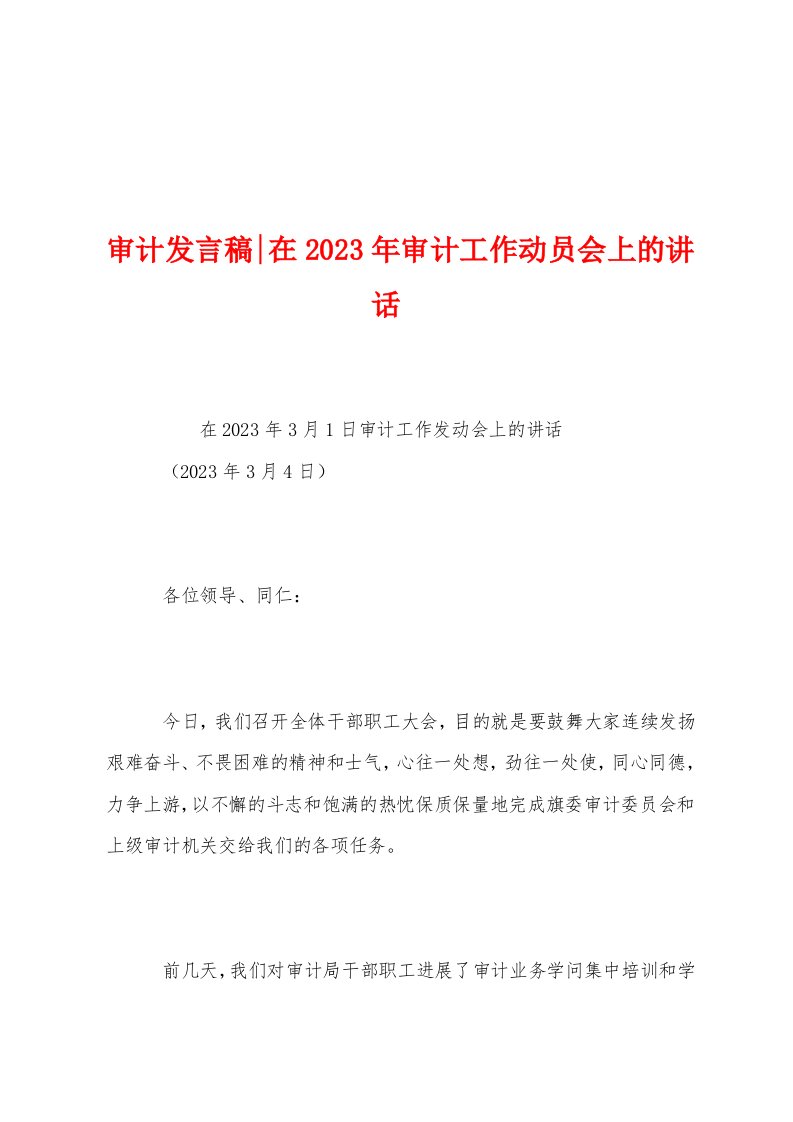 审计发言稿在2023年审计工作动员会上的讲话