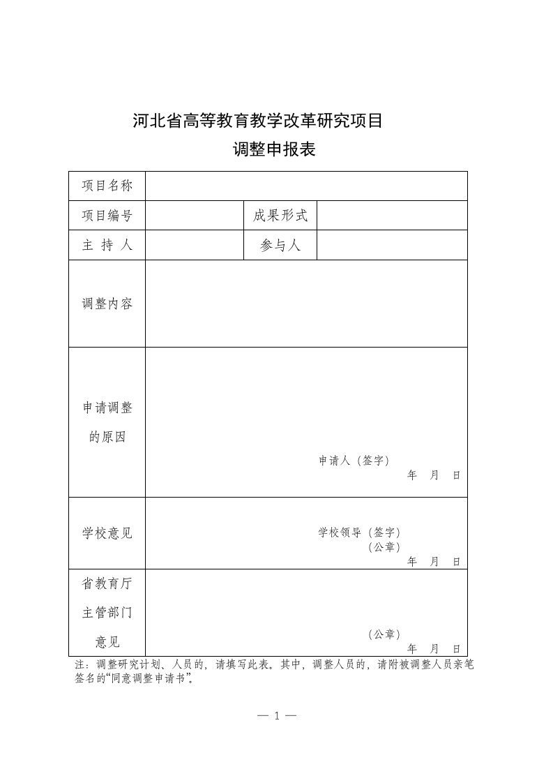 河北省高等教育教学改革研究项目调整申报表