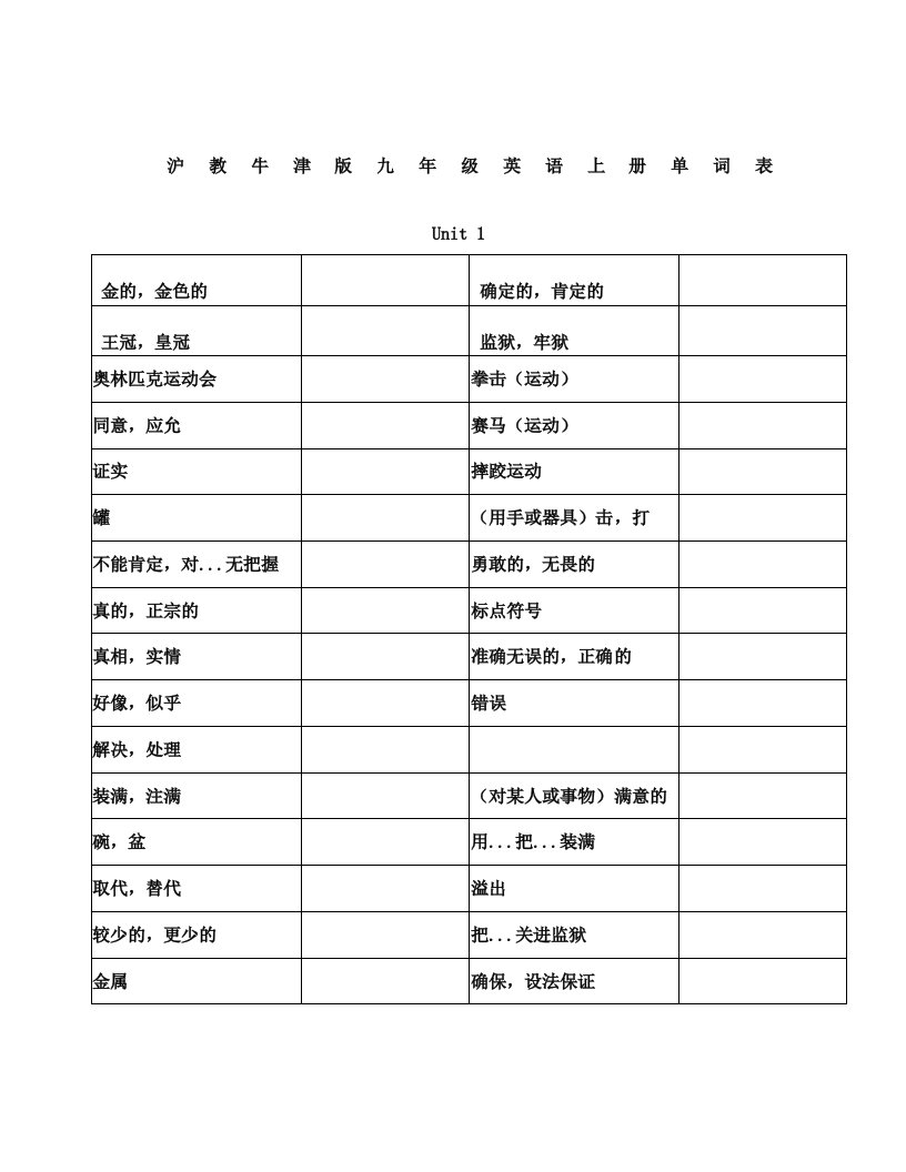 沪教牛津版九年级英语上册单词表