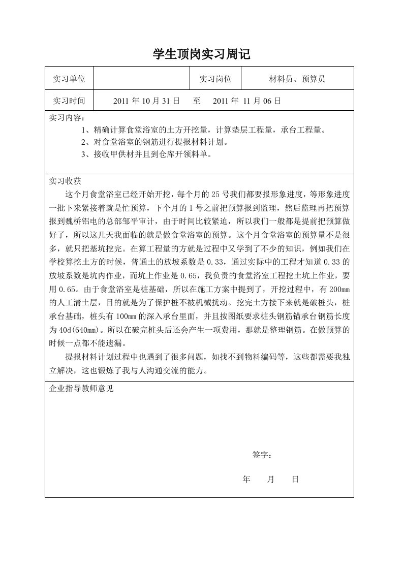 工程造价专业顶岗实习周记