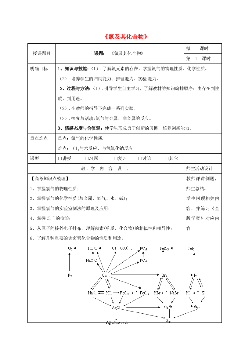 高三化学一轮复习-氯及其化合物时教学设计