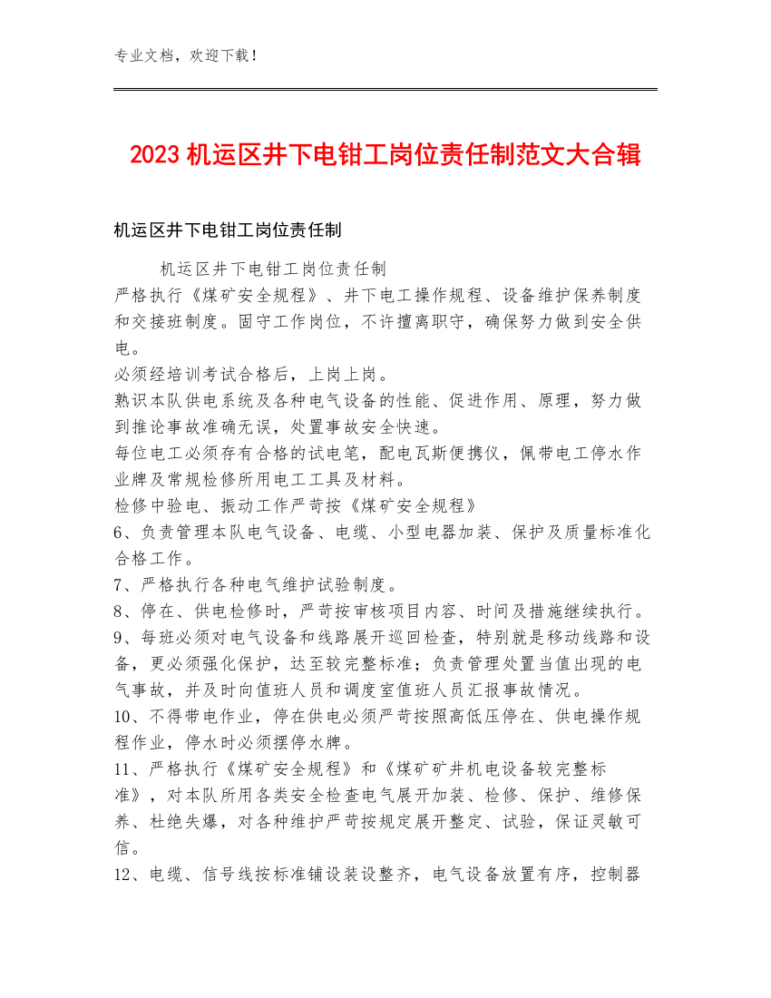 2023机运区井下电钳工岗位责任制范文大合辑