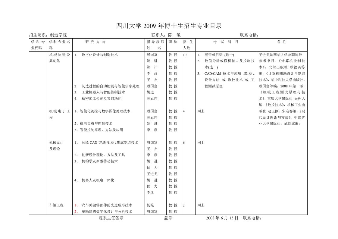 四川大学2009年博士生招生专业目录（某零九传）