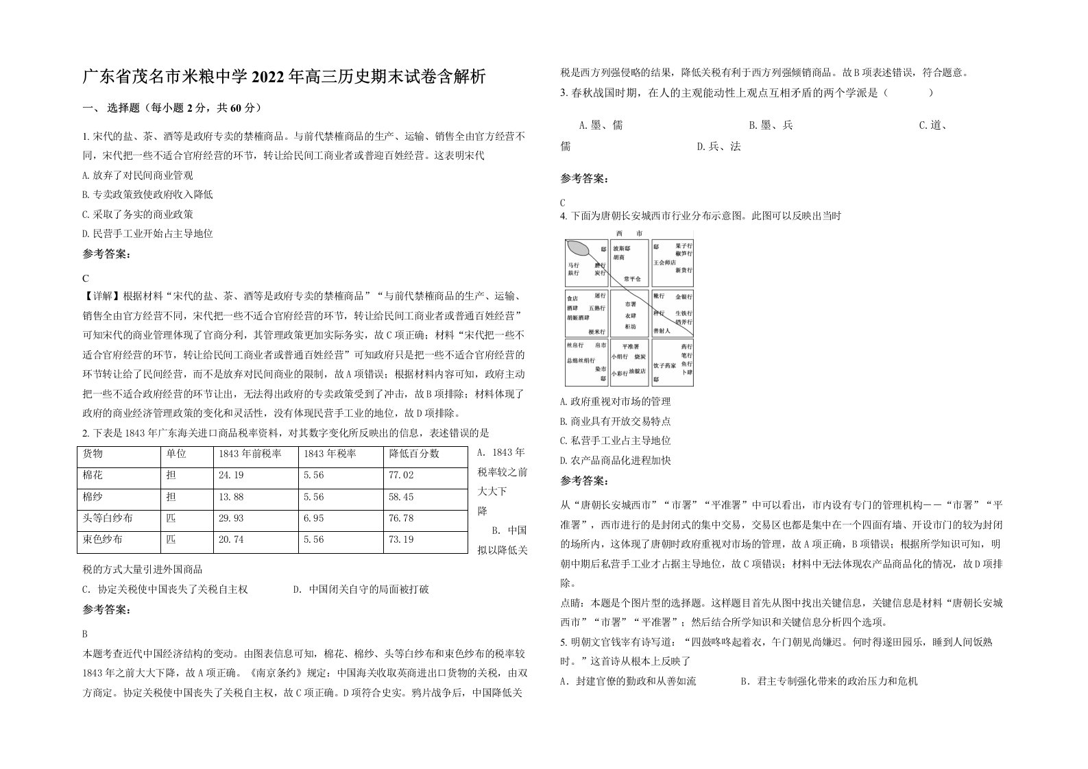 广东省茂名市米粮中学2022年高三历史期末试卷含解析