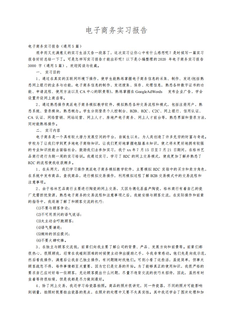 电子商务实习报告（通用5篇）