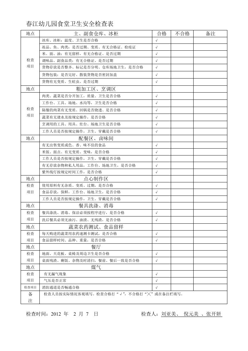 春江幼儿园食堂卫生安全检查表