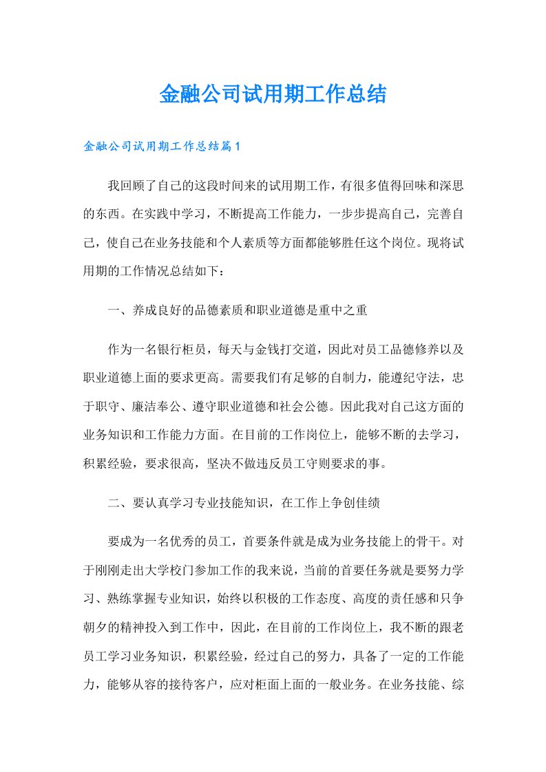 金融公司试用期工作总结