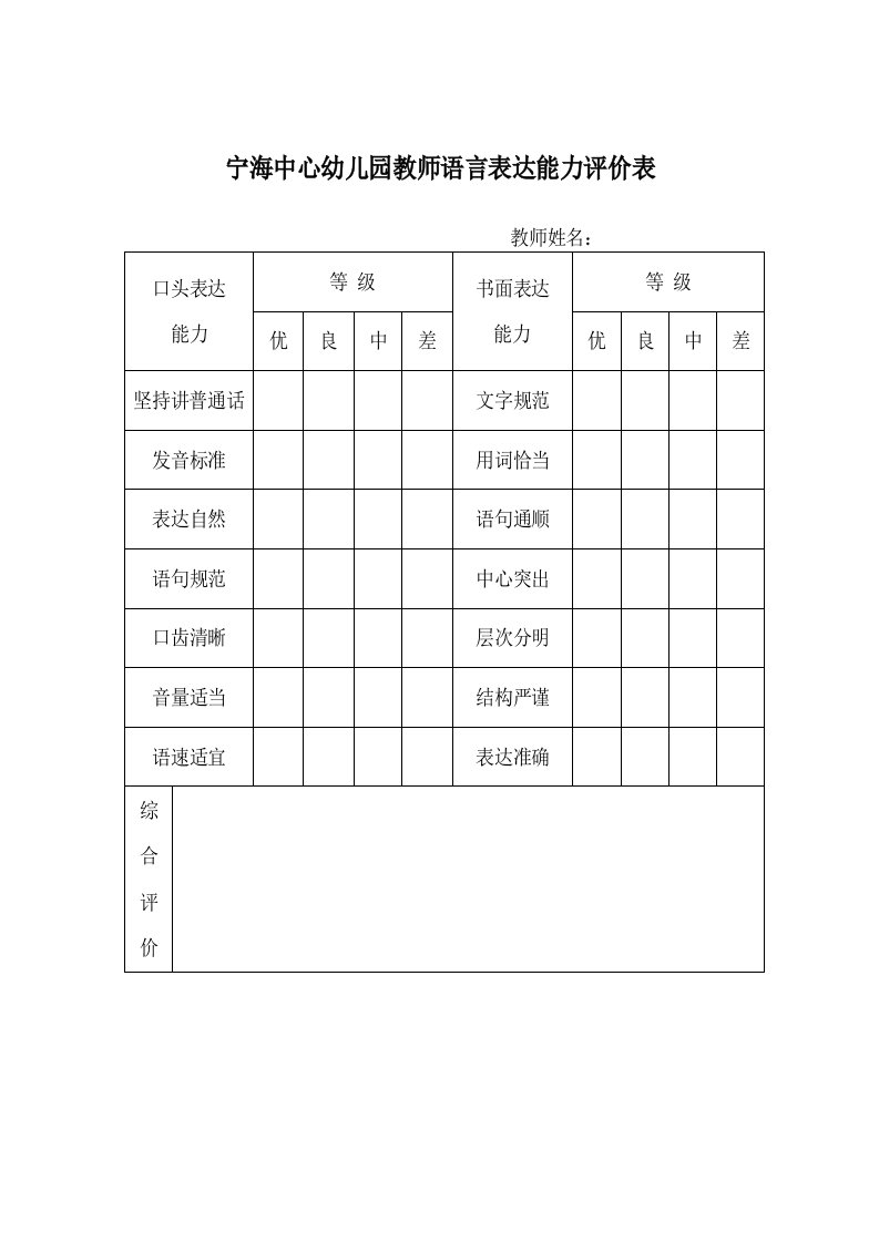 教师语言表达能力评价表