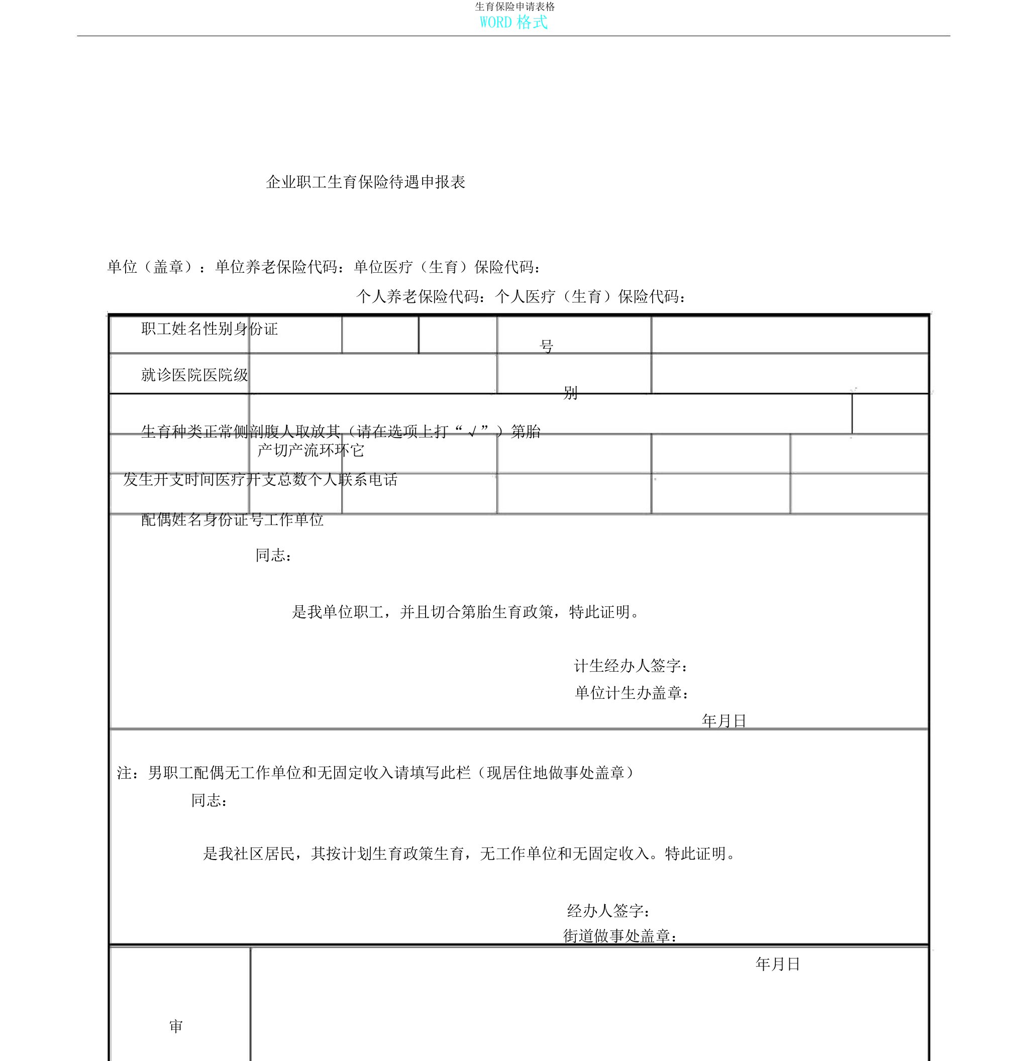 生育保险申请表格