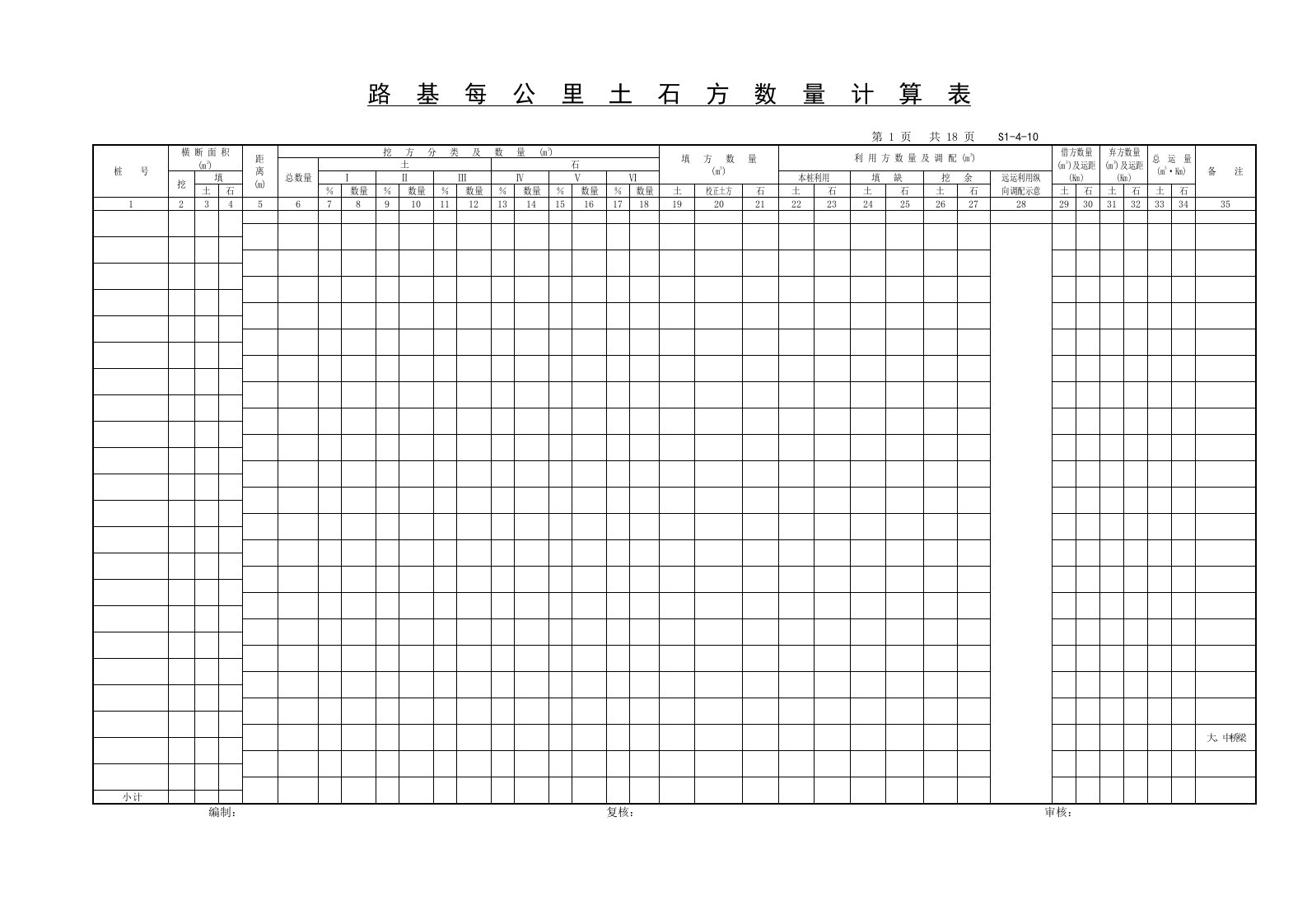 路基每公里土石方数量计算表