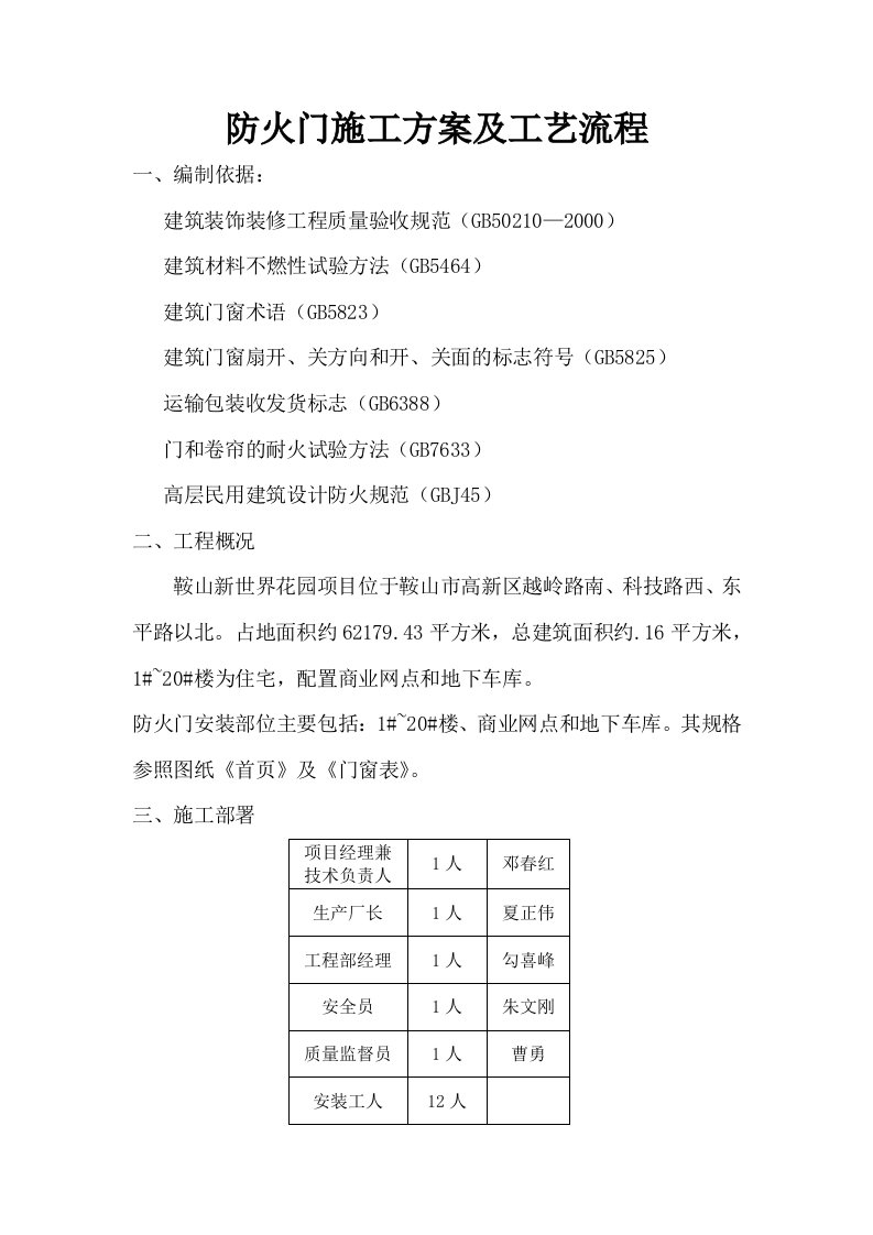 建筑资料-防火门施工方案及工艺流程