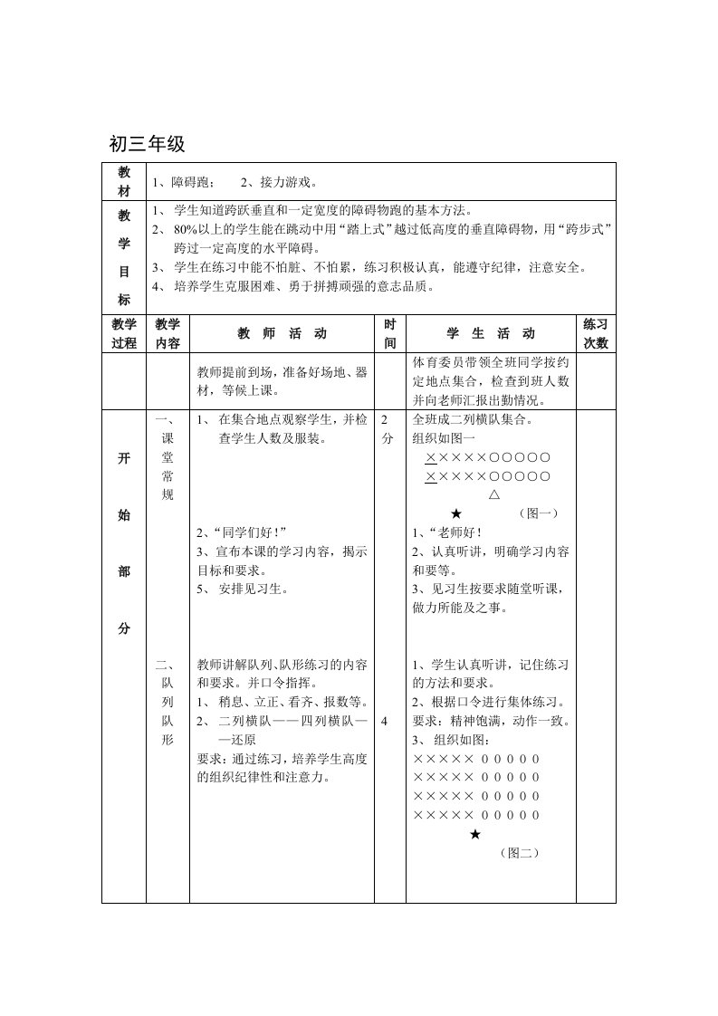 初中体育教案全集九年级上