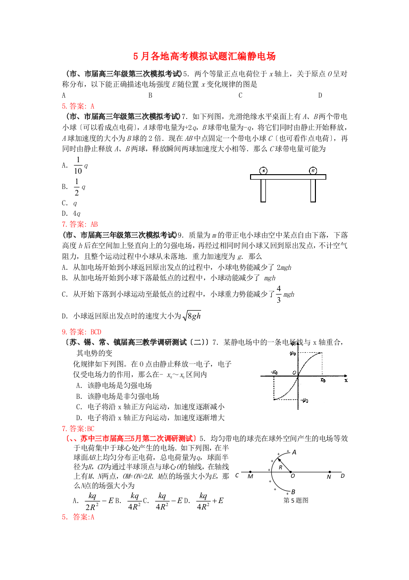 （高中物理）月各地高考模拟试题汇编静电场