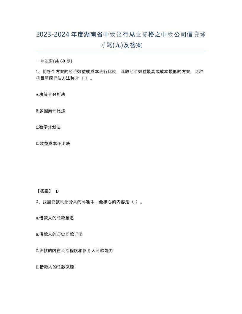 2023-2024年度湖南省中级银行从业资格之中级公司信贷练习题九及答案