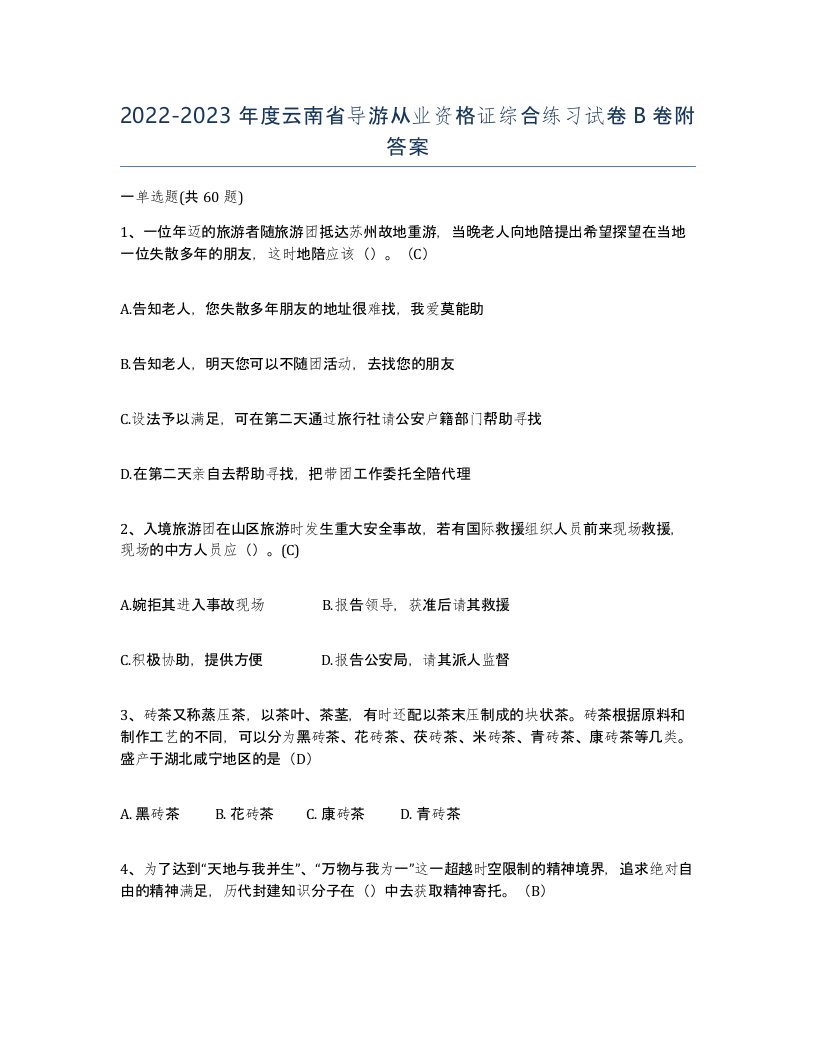 2022-2023年度云南省导游从业资格证综合练习试卷B卷附答案