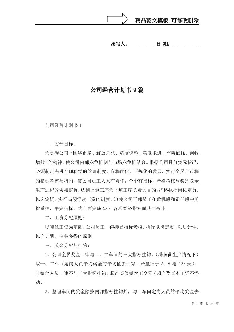 公司经营计划书9篇