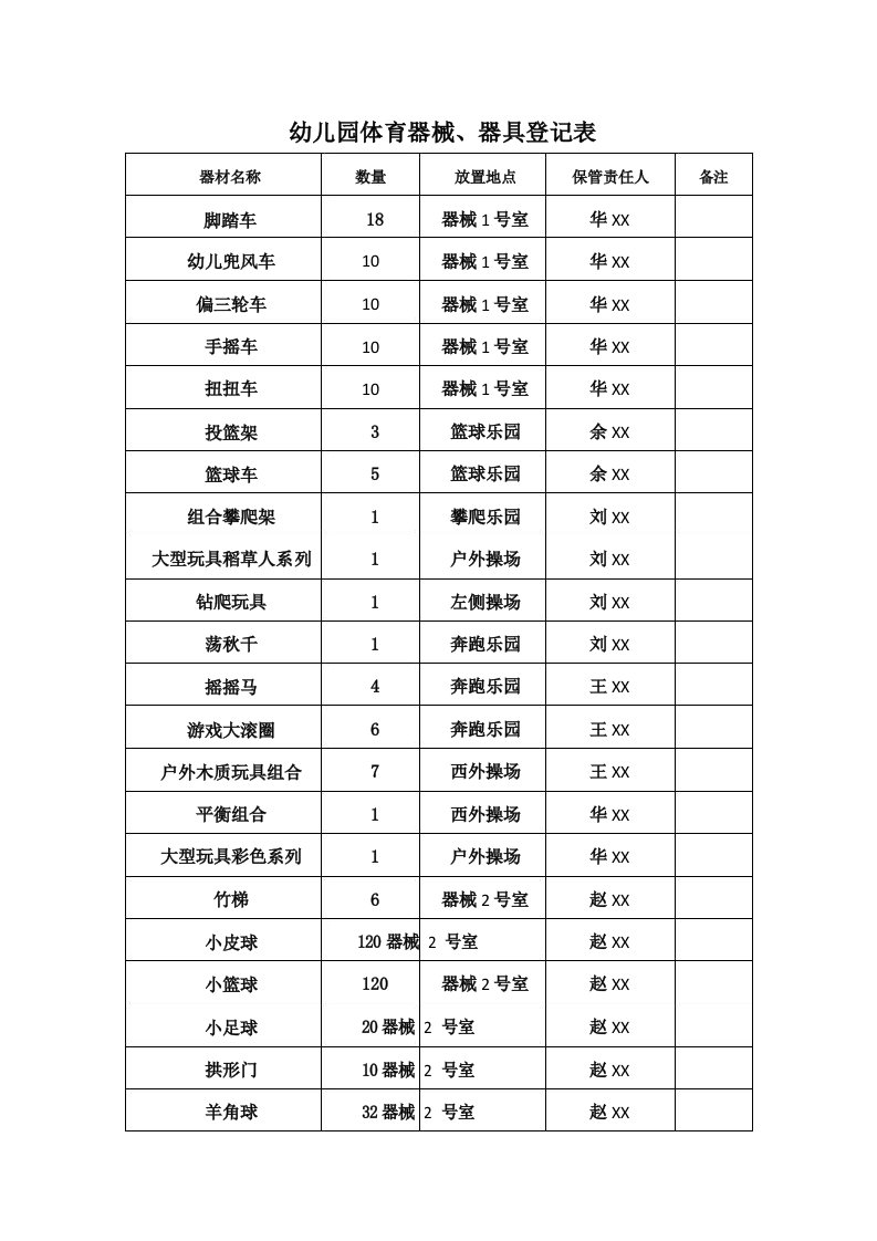 幼儿园体育器械、器具登记表